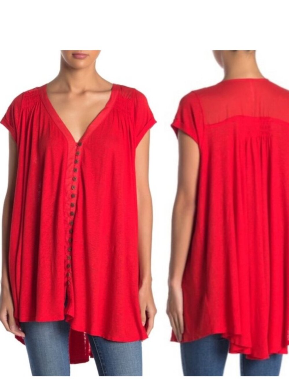 FREE PEOPLE Highland V-Neck Button Linen Blend Flowy Red Tunic Top size large